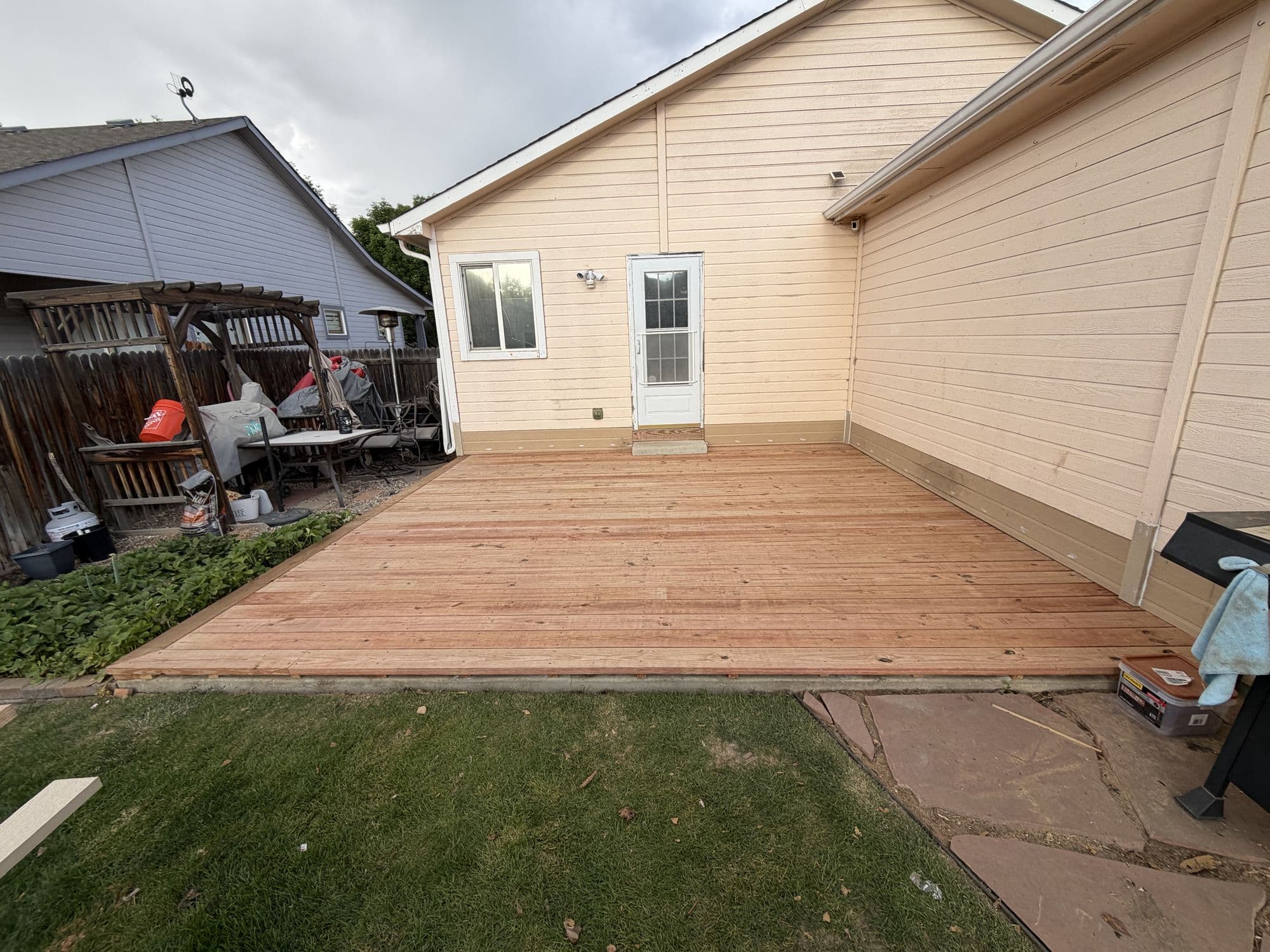 Finished new wood deck, exterior view