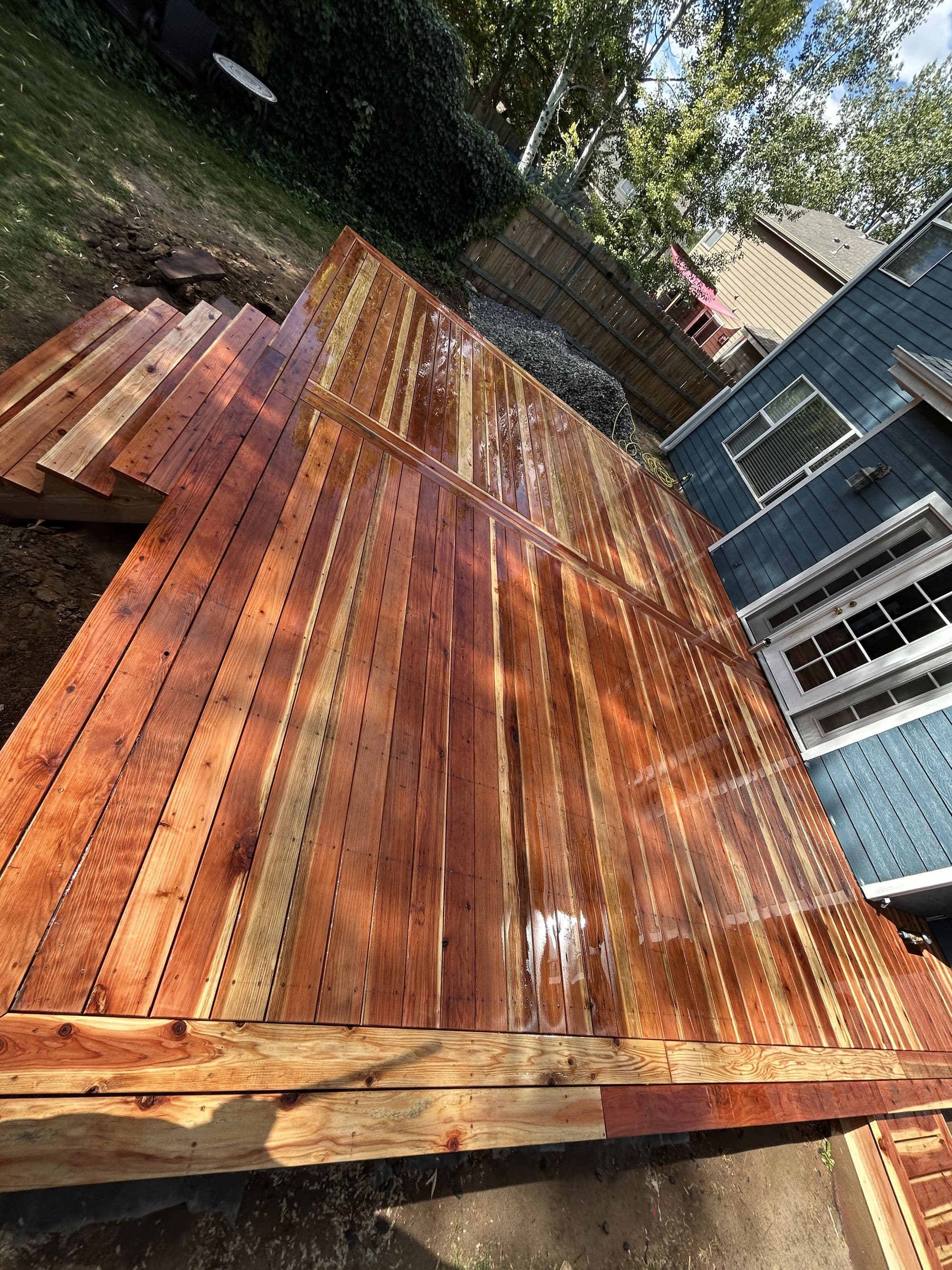 Finished hardwood deck, close view of the wood grain
