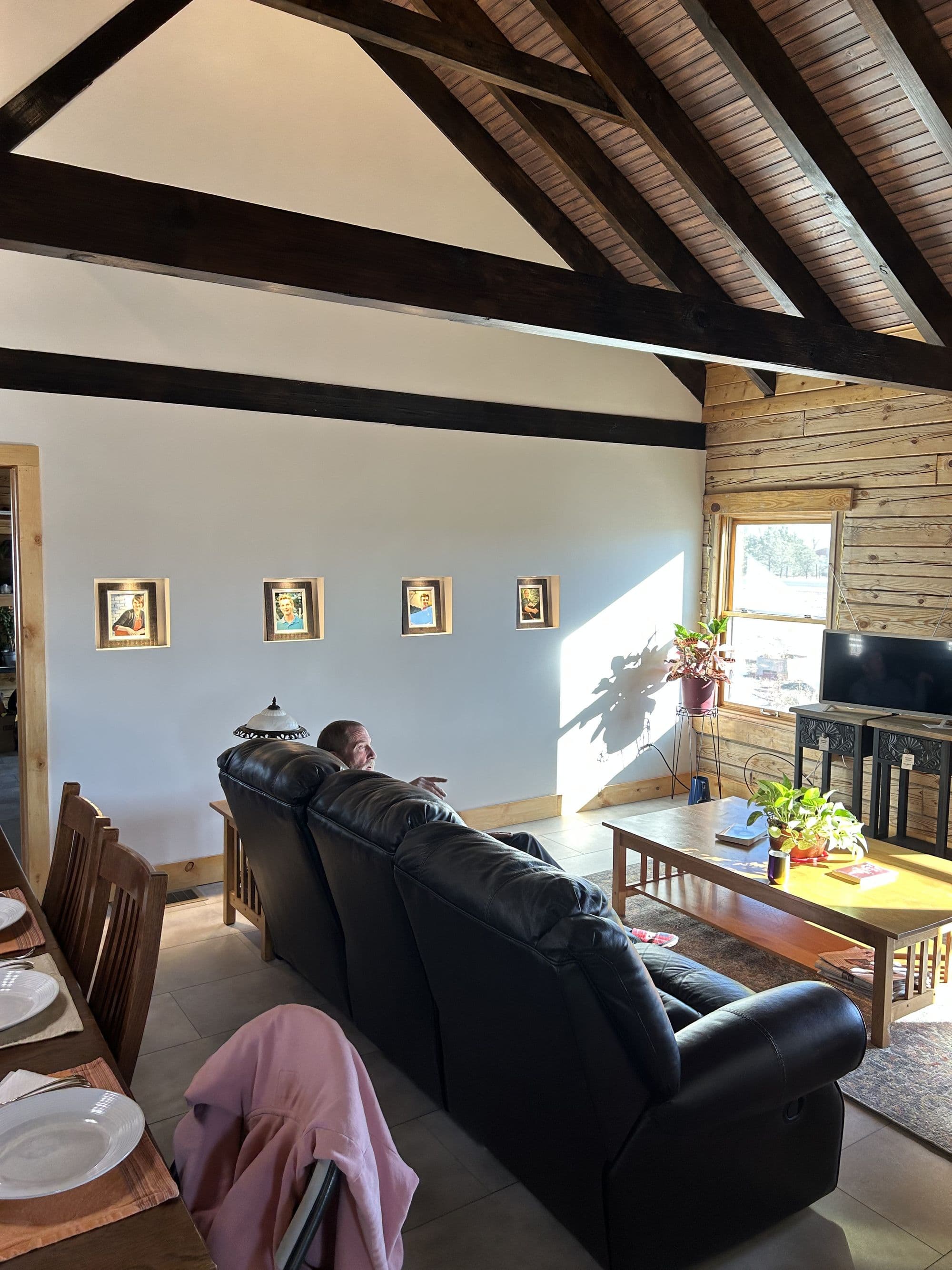 Finished living room with exposed timber trusses